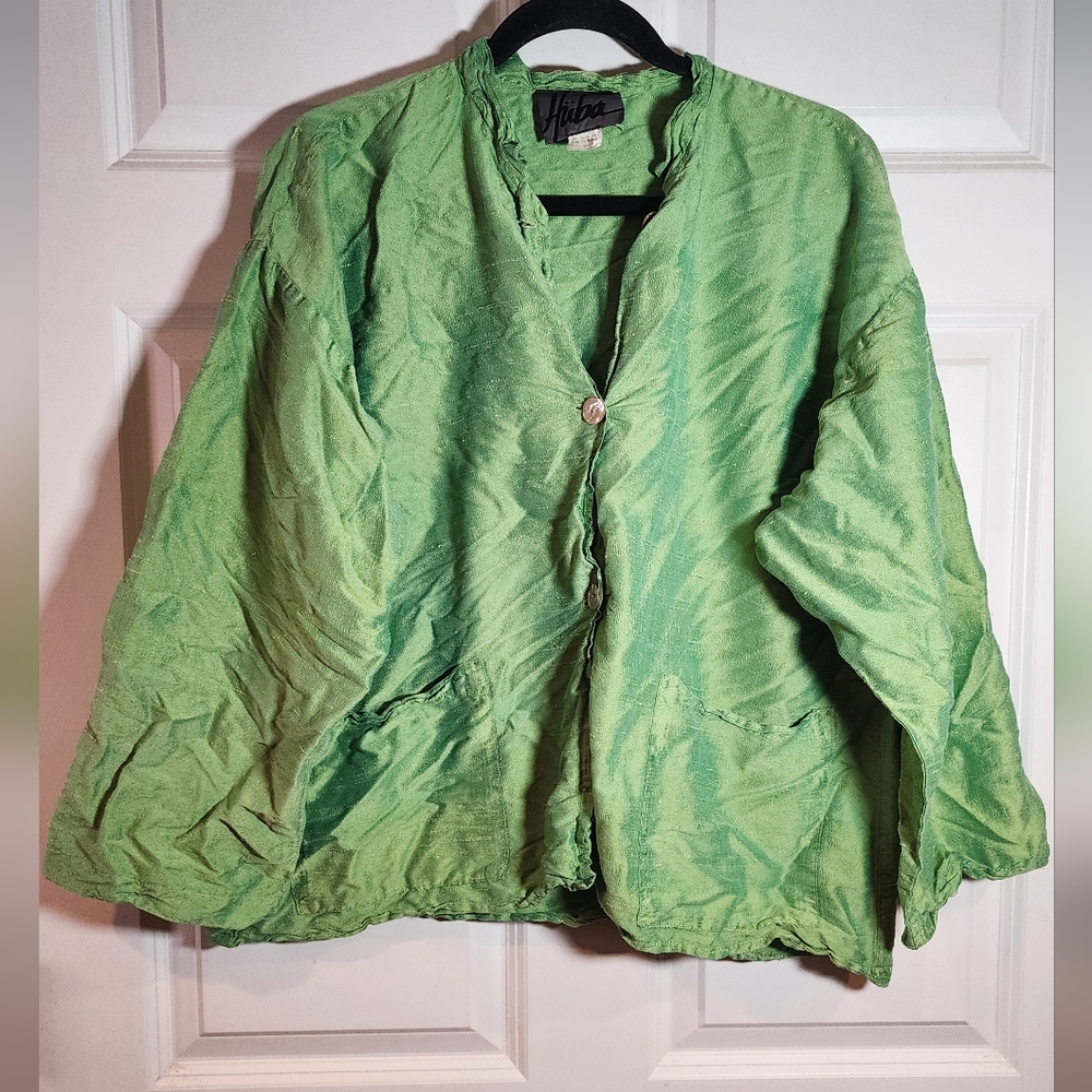 Huba Vintage 100% Silk Green Button Up Long Sleeve Top M